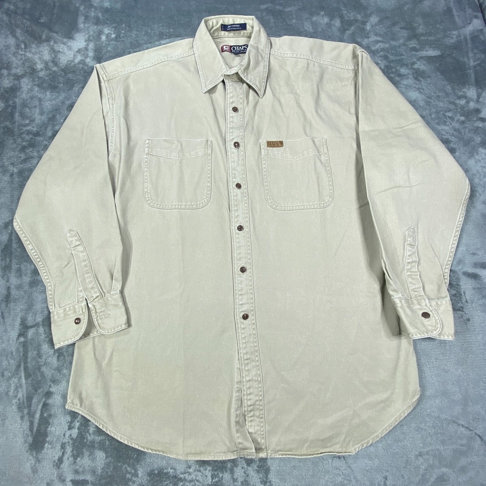 Ralph Lauren Chaps Shirt Mens Large Tan Long Sleeve Western Workwear Twill Chore